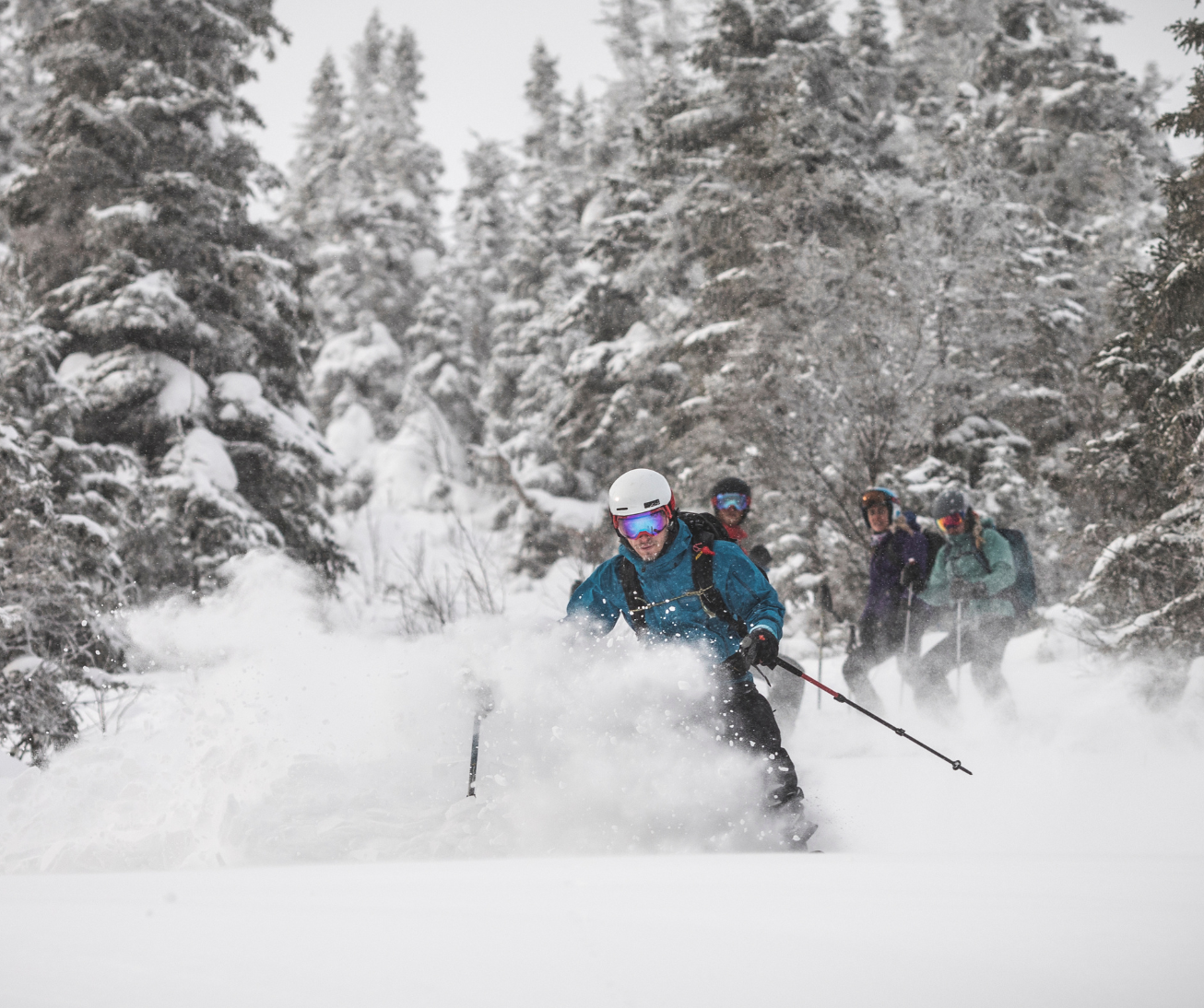 groupe de skieurs descendant une pente enneigée en forêt